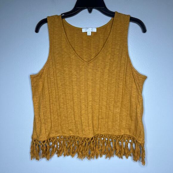 Anthropologie Eri + Ali Beachcomber Fringe Top Ribbed Yellow Top Tank Boho Sz M - Picture 2 of 9